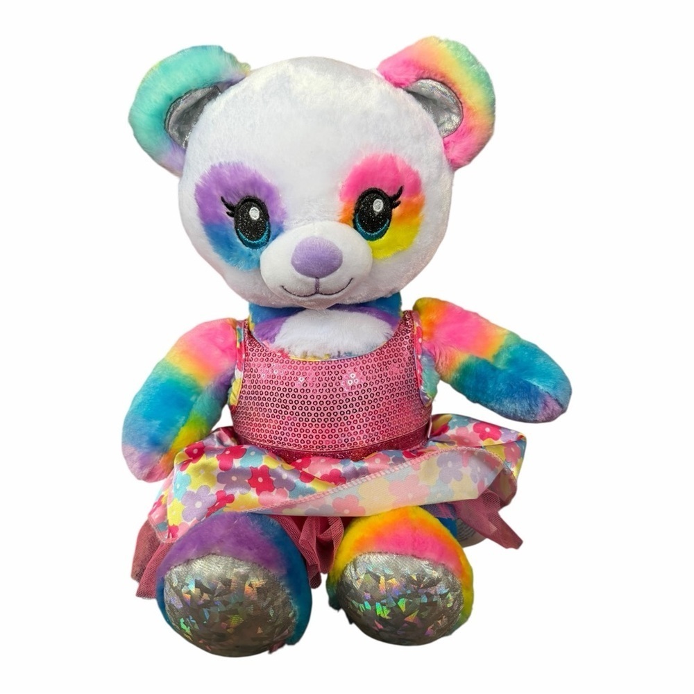 Build A Bear Rainbow Friends Panda Stuffed Animal with Pink Sequin Dress